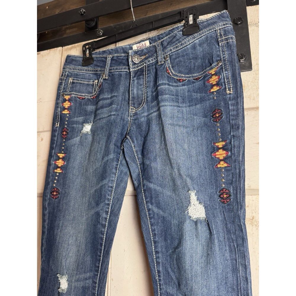 Mudd Low Rise Straight Blue Jeans Women's Size 9 Ripped Embroidered Aztec Desert - Picture 5 of 7